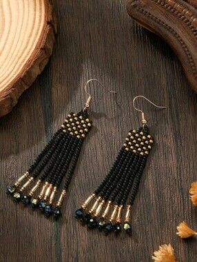 Gold and Black Beaded Earrings